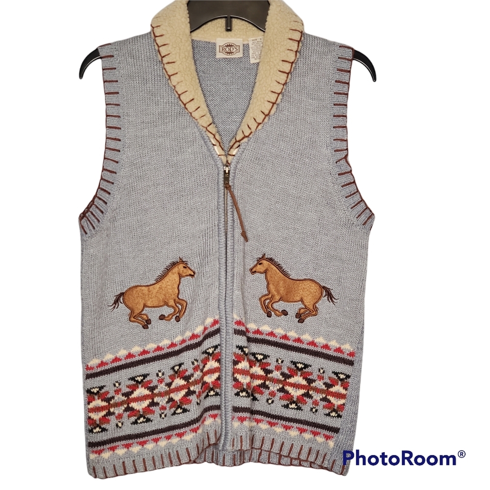 Vintage‎ ROD'S knit vest sherpa collar embroidered patch horses western tribal